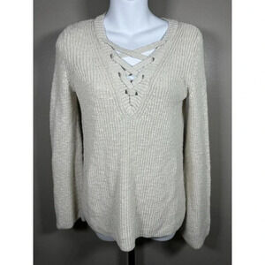 Abercrombie and Fitch Sweater Womens White Small Knit Stitch Coastal V Neck Neck